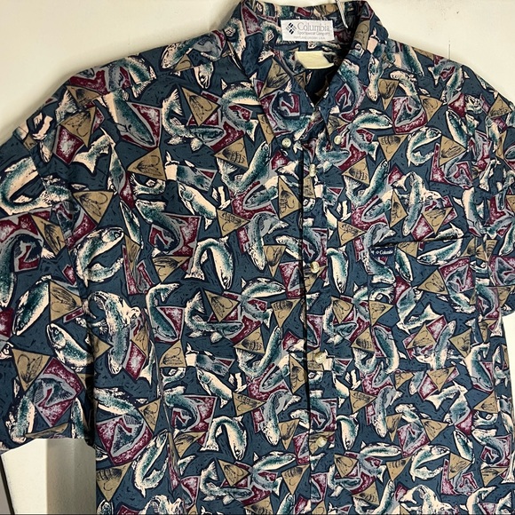 Columbia mens vintage novelty retro fish print causal button down shirt size XL - Picture 2 of 5